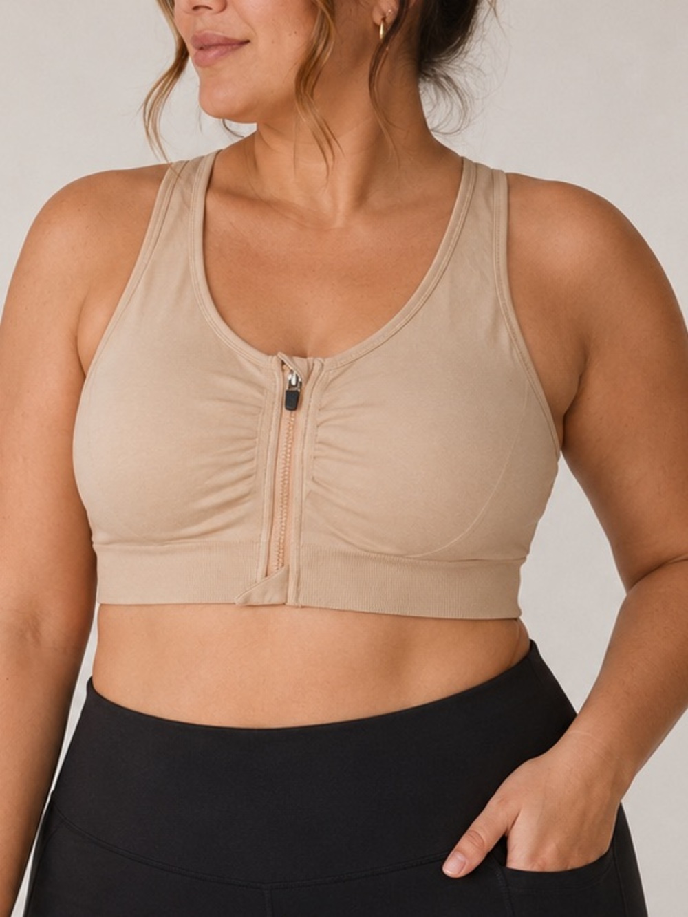 Front Zip Sports Bra Nude Beige Medium Support Racerback Size Large